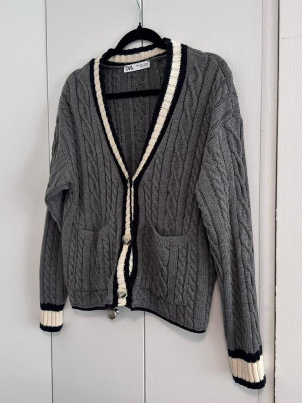ZARA - Gray Cable Knit Cardigan with Contrast Trim